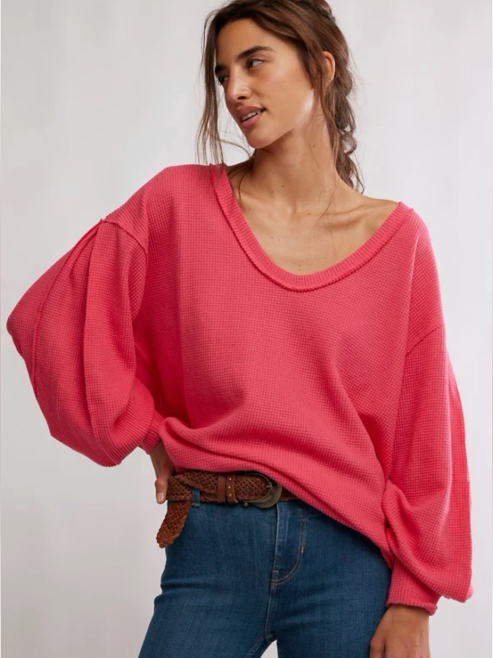 We The Free Coast 2 Coast Scoop Neck Waffle-Knit Thermal Small- Hot Pink